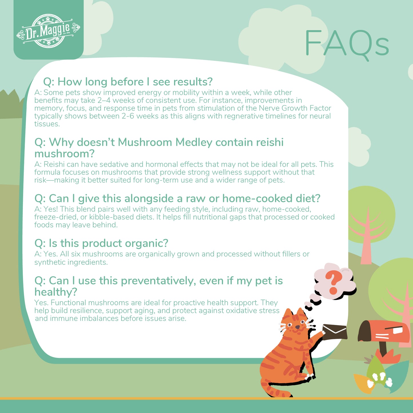 Dr. Maggie Mushroom Medley FAQs on a forest-themed background with a cartoon cat holding a letter. Questions include how long until results appear, why reishi is not included, dietary compatibility, organic status, and preventative use.