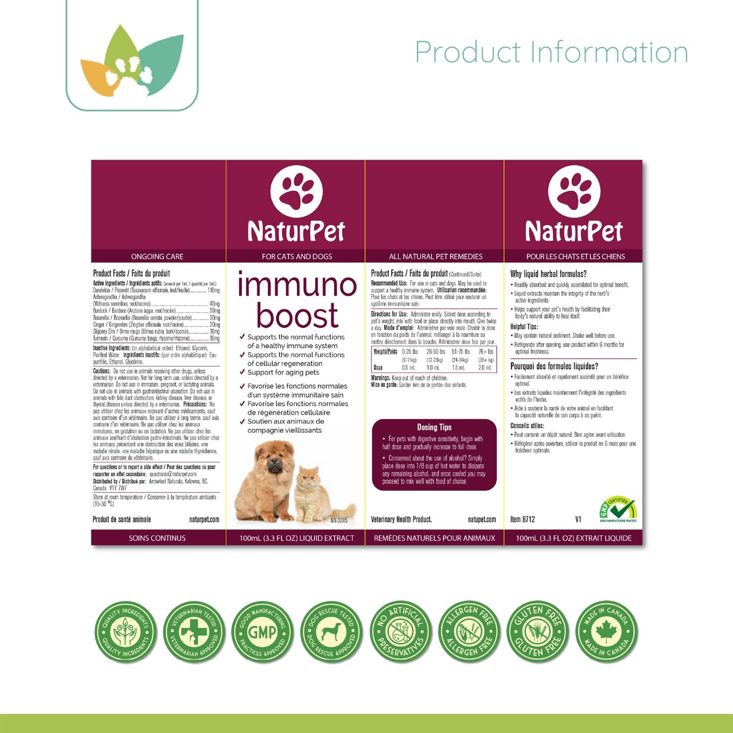 Arrowleaf Pet Immuno Boost (NaturPet in Canada) - Full System Support with Ashwagandha and Turmeric