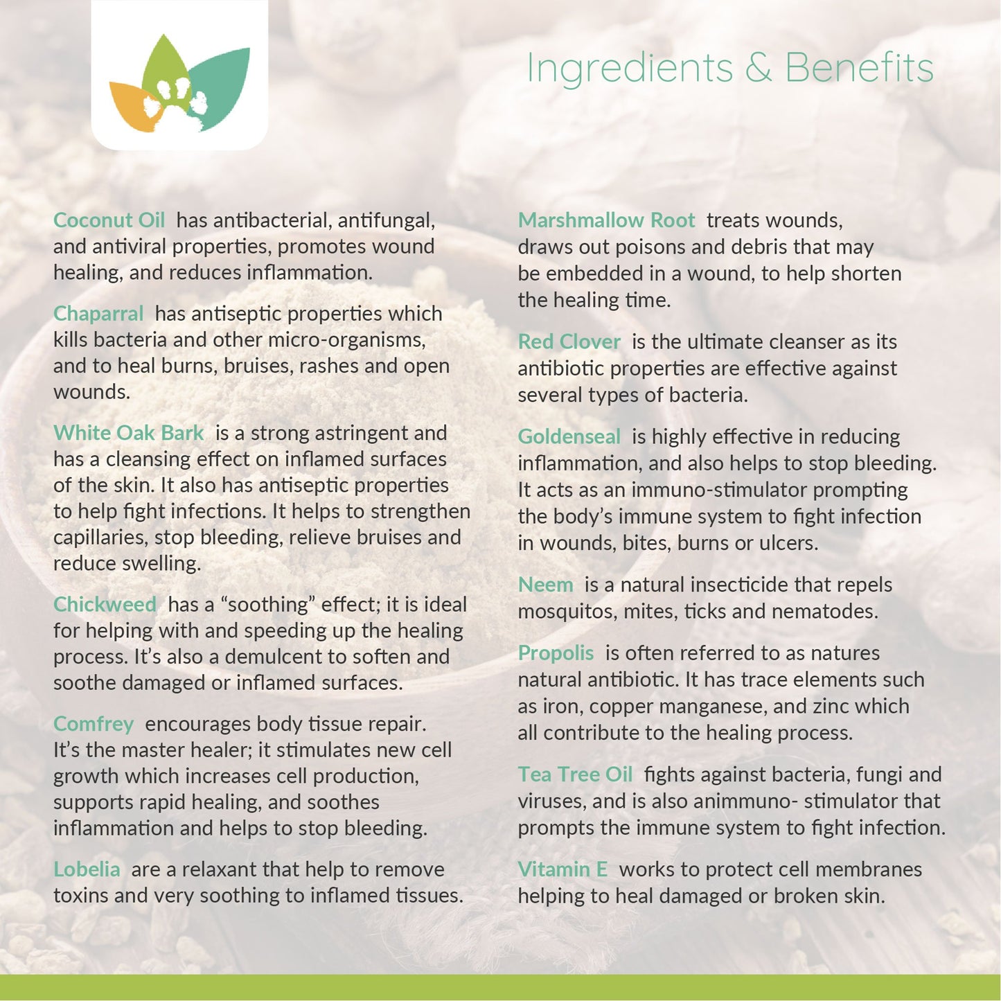 Arrowleaf Pet Paw and Skin Ingredients