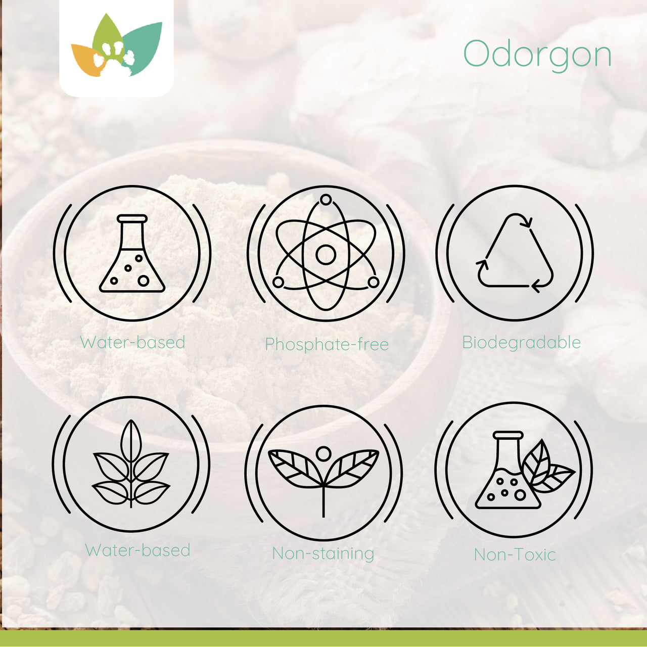 An Odorgon feature graphic displaying six icons with text: water-based, phosphate-free, biodegradable, water-based, non-staining, and non-toxic. The Nature Pet Store logo appears at the top left.