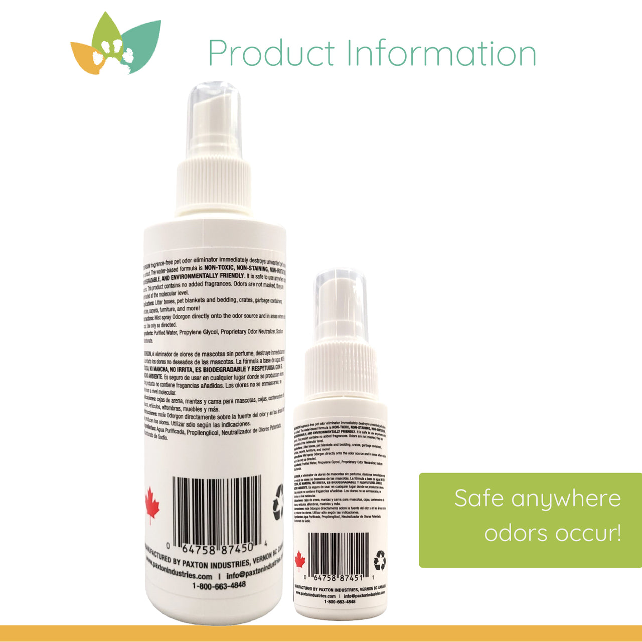 Two Odorgon pet odor remover bottles, an 8 oz and a 2 oz size, shown from the back with product information and barcodes visible. The graphic includes the Nature Pet Store logo, the heading “Product Information,” and the text “Safe anywhere odors occur!”