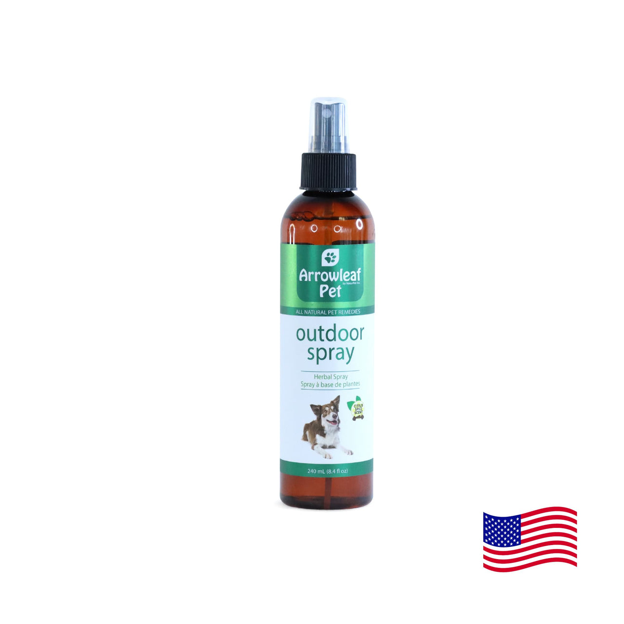 Arrowleaf Pet Outdoor Spray for dogs and cats, 240 mL herbal spray in an amber plastic bottle with American flag.