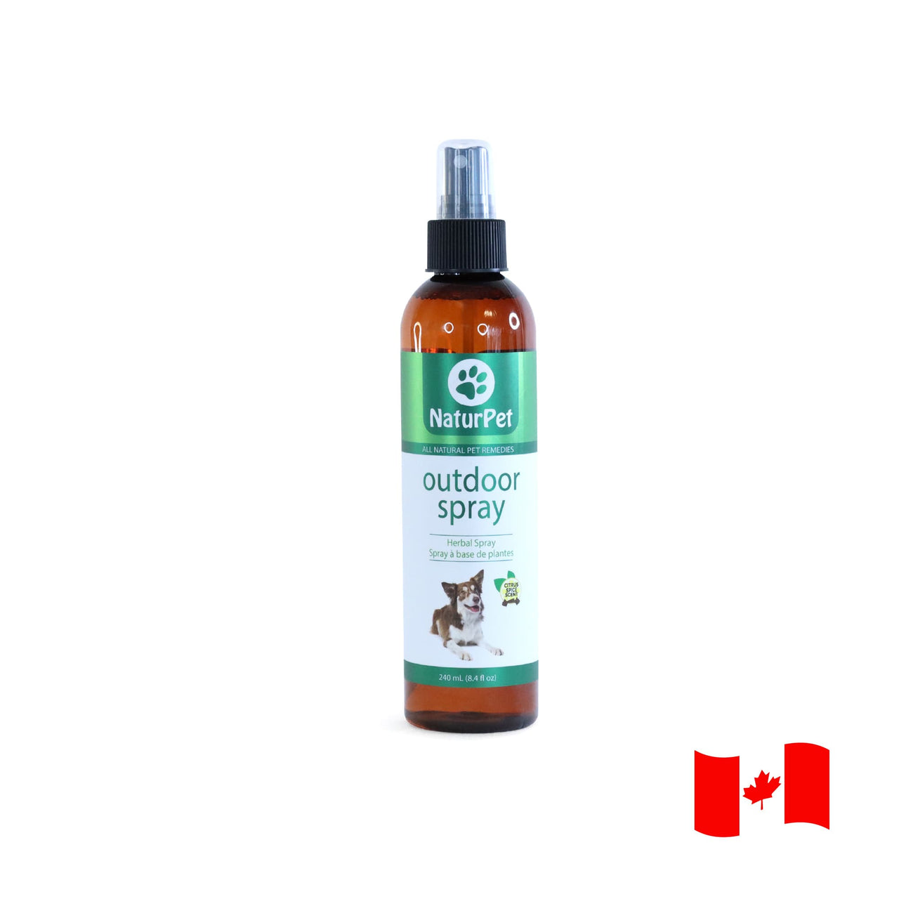 NaturPet Outdoor Spray for dogs and cats, 240 mL herbal spray in an amber plastic bottle with Canadian flag.
