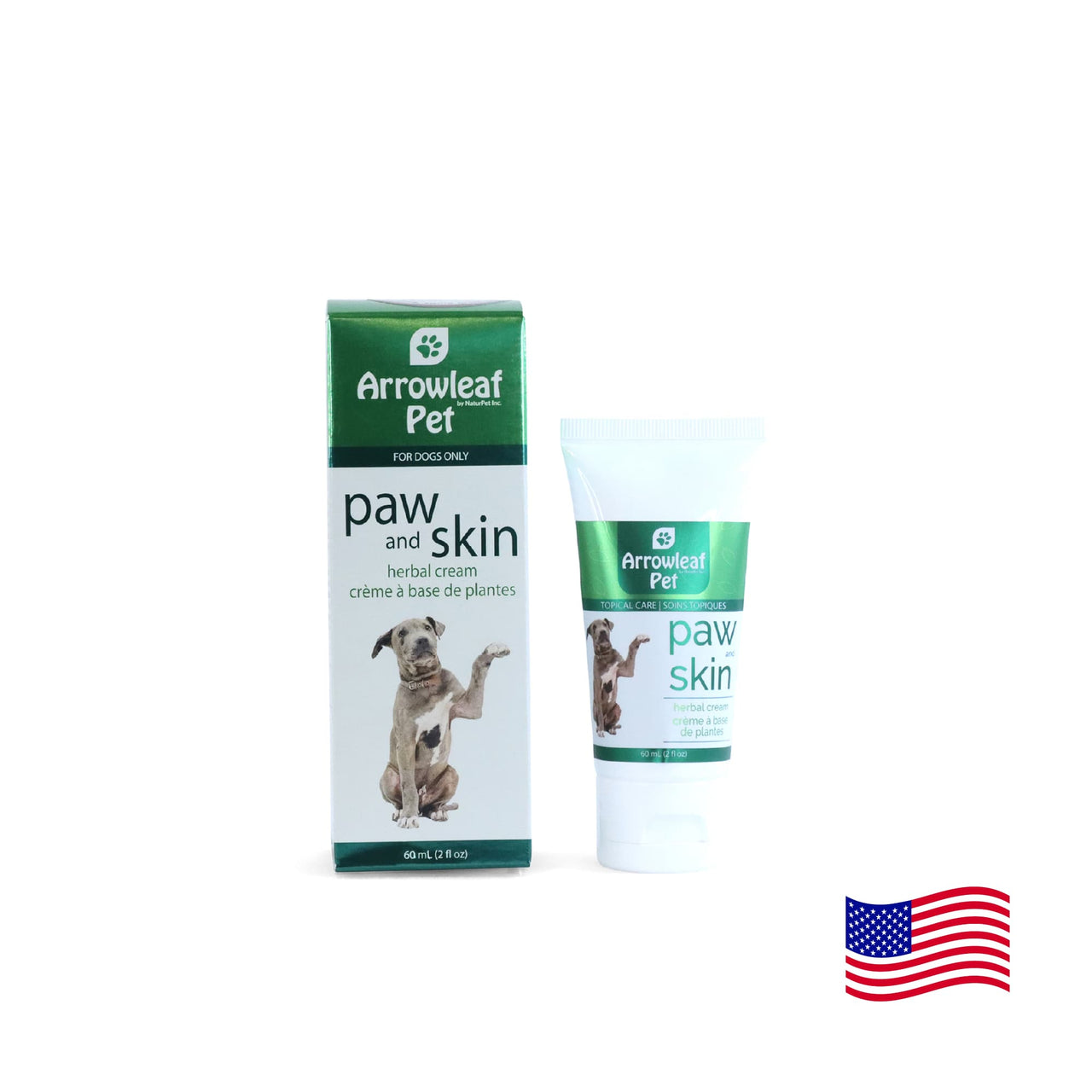 Arrowleaf Pet Paw and Skin herbal cream for dogs, 60 mL tube beside retail box with American flag.