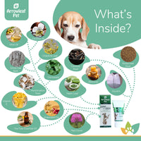 Arrowleaf Pet Paw and Skin ingredients infographic with a Beagle and labeled natural ingredients including olive oil, coconut oil, chaparral leaf, comfrey root, golden seal root, white oak bark, chickweed, marshmallow root, neem leaf, beeswax, glycerin, vitamin E, grapeseed oil, tea tree essential oil, and red clover.