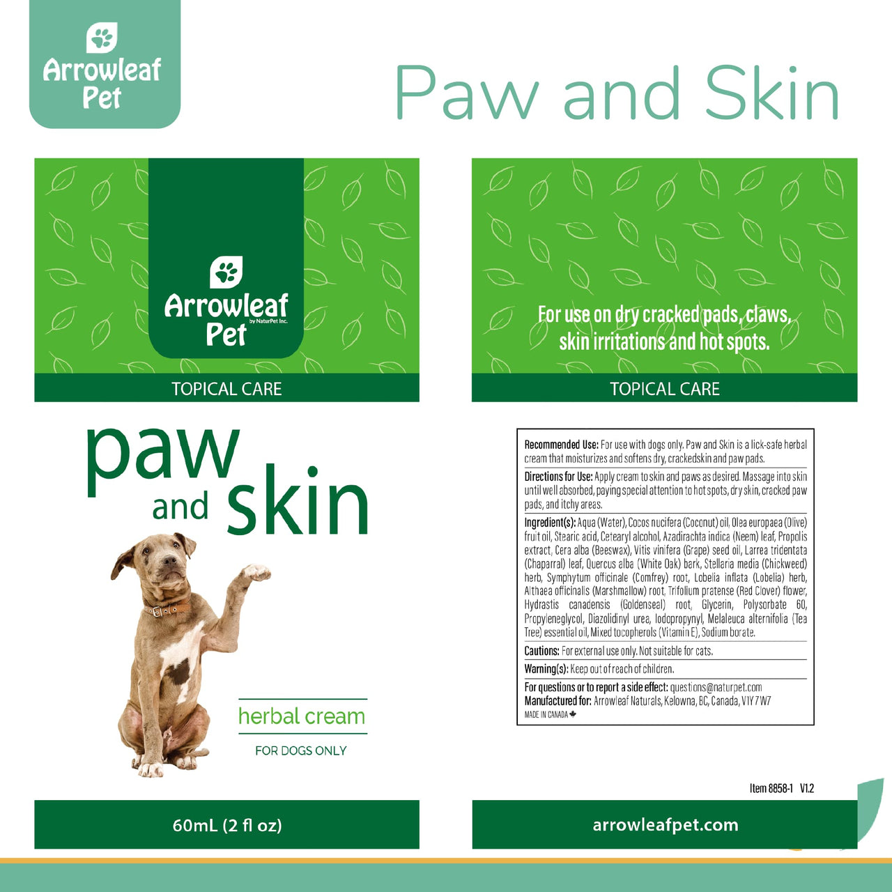 Arrowleaf Pet Paw and Skin product label for dogs, showing ingredient list, usage directions, cautions, and branding in green and white with a dog image.