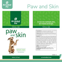 Arrowleaf Pet Paw and Skin product label for dogs, showing ingredient list, usage directions, cautions, and branding in green and white with a dog image.