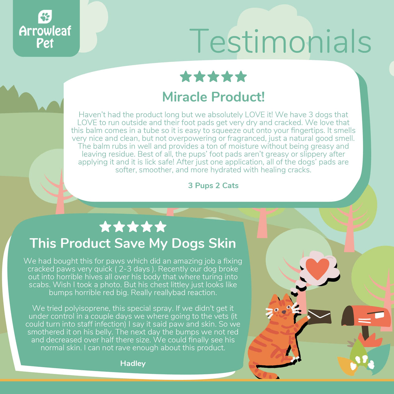 Arrowleaf Pet Paw & Skin testimonial infographic with illustrated cat mailing a letter, featuring two customer reviews highlighting softer paw pads, reduced cracking, improved moisture, and visible relief from irritation and redness.