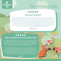 Arrowleaf Pet Paw & Skin testimonial infographic with illustrated cat mailing a letter, featuring two customer reviews highlighting softer paw pads, reduced cracking, improved moisture, and visible relief from irritation and redness.