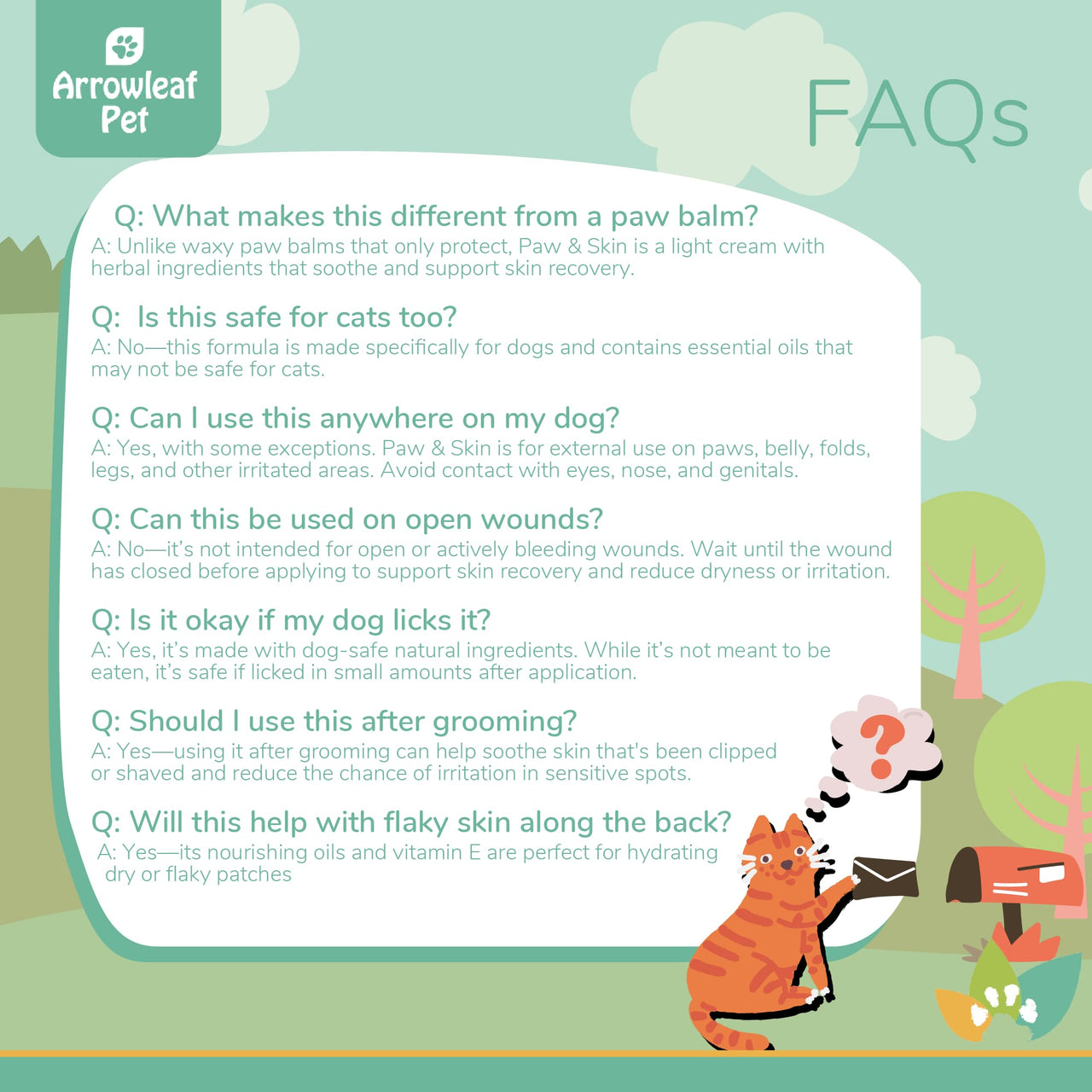 Arrowleaf Pet Paw and Skin FAQ infographic with illustrated cat mailing a letter. Text answers common questions about how the cream differs from paw balms, cat safety, appropriate application areas, use on open wounds, licking safety, post-grooming benefits, and support for flaky or irritated skin.