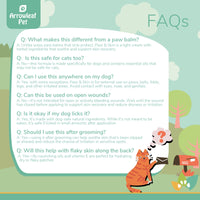 Arrowleaf Pet Paw and Skin FAQ infographic with illustrated cat mailing a letter. Text answers common questions about how the cream differs from paw balms, cat safety, appropriate application areas, use on open wounds, licking safety, post-grooming benefits, and support for flaky or irritated skin.