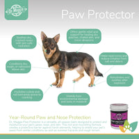 Dr. Maggie Paw Protector infographic featuring a Swedish Vallhund with labeled benefits including dry nose hydration, relief for cracked paws, protection from snow and salt irritation, elbow skin conditioning, cuticle and nail bed hydration, and year-round paw and nose moisture support.