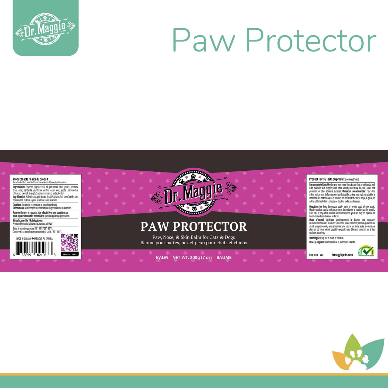 Dr. Maggie Paw Protector product label for cats and dogs, showing ingredient list, dosage chart, and branding in pink and black.