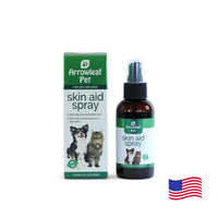 Arrowleaf Pet Skin Aid Spray for cats and dogs, 120 mL topical herbal spray in an amber bottle beside retail box with American flag.
