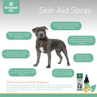 Arrowleaf Pet Skin Aid Spray infographic featuring a Pit Bull with labeled skin benefits including itch relief, irritation support, healing of minor abrasions, and comfort for redness or environmental sensitivity.