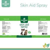 Arrowleaf Pet Skin Aid Spray product label for cats and dogs, showing ingredient list, usage instructions, and green and white branding with dog and cat image.