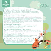 Arrowleaf Pet Skin Aid Spray FAQ infographic with illustrated cat mailing a letter. Text answers common questions about using the spray on cats and dogs, suitability for open wounds, everyday skin issues, use on the face or ears, safety if licked, and mild redness after application.