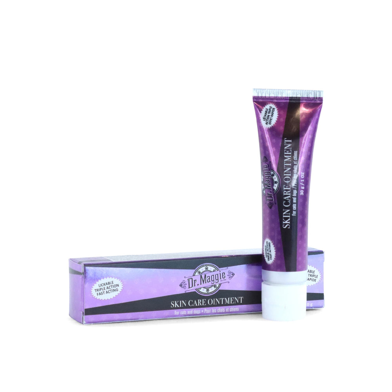 Dr. Maggie Skin Care Ointment for cats and dogs, 30 g (1 oz) tube displayed upright beside retail box against a white background.