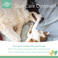 Dr. Maggie Skin Care Ointment promotional image featuring a Border Collie and a tabby cat playfully interacting on a bed, highlighting support for minor wounds, hot spots, dry or cracked skin, itchy or irritated skin, and post-grooming sensitivity.