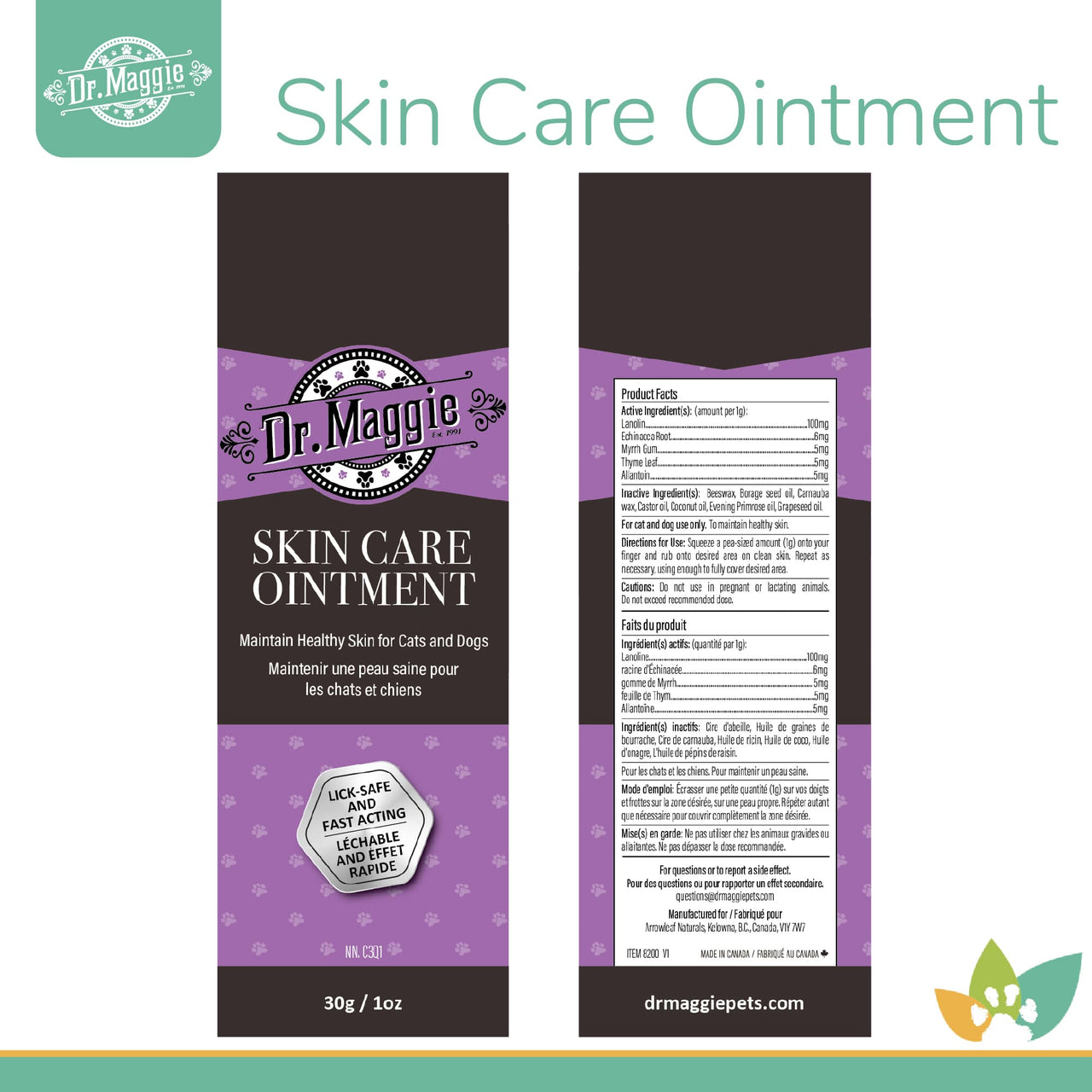 Dr. Maggie Skin Care Ointment product front and back labels for cats and dogs, showing ingredient list, usage instructions, cautions, and branding in purple and black.