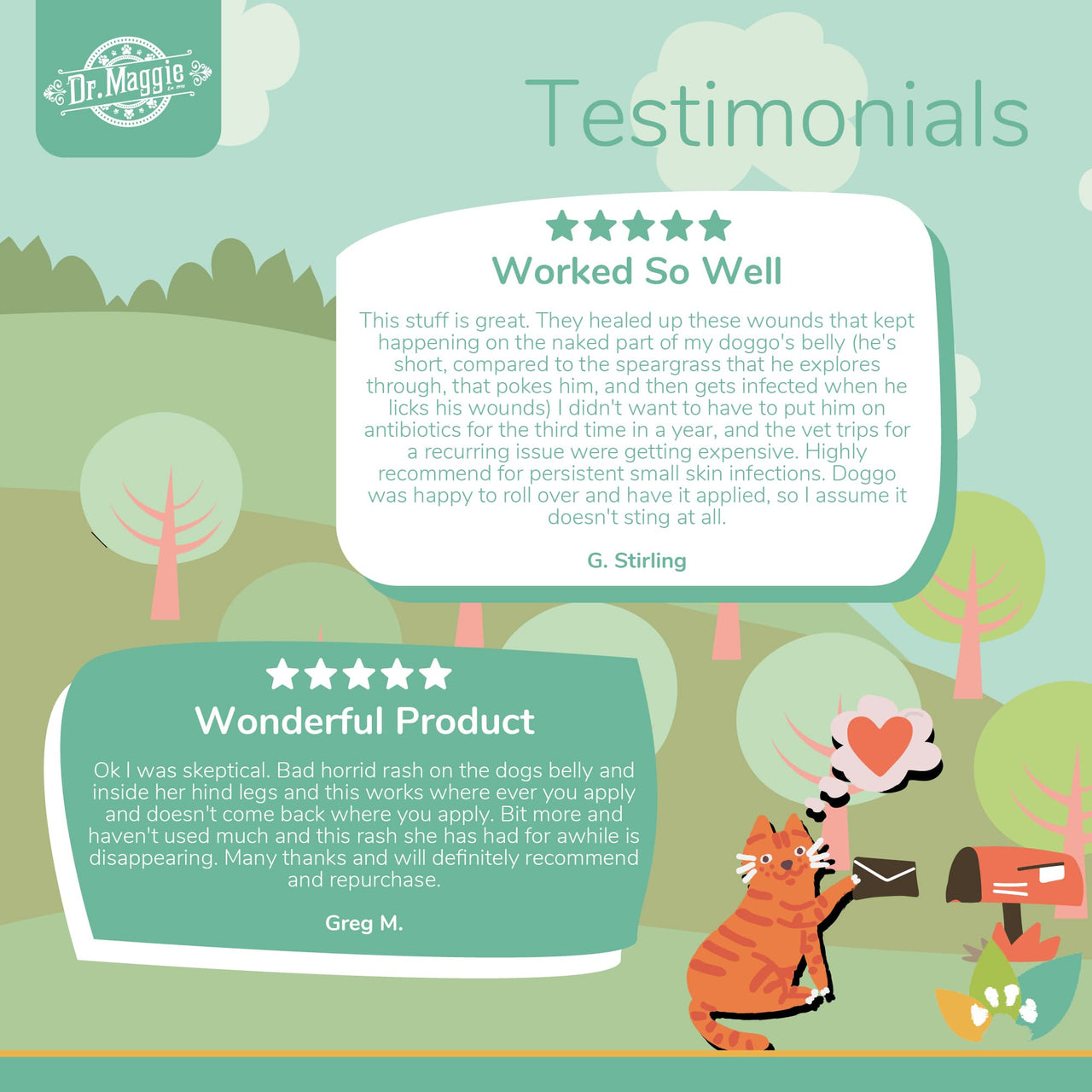 Dr. Maggie Skin Care Ointment testimonial infographic with an illustrated cat mailing a letter, featuring two customer reviews highlighting relief from small skin infections, improved healing of irritated areas, and reduced recurrence of rashes in dogs.