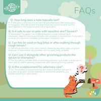 Dr. Maggie Skin Care Ointment FAQ infographic with an illustrated cat mailing a letter. Text answers common questions about tube lifespan, sensitive-skin suitability, using it on bug bites or rough terrain irritation, pairing it with grooming products, and whether it replaces veterinary care.