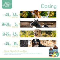 Dr. Maggie Skin & Coat dosing chart with dogs of various sizes and dosage ranges from 2.5 mL to 10 mL by weight.