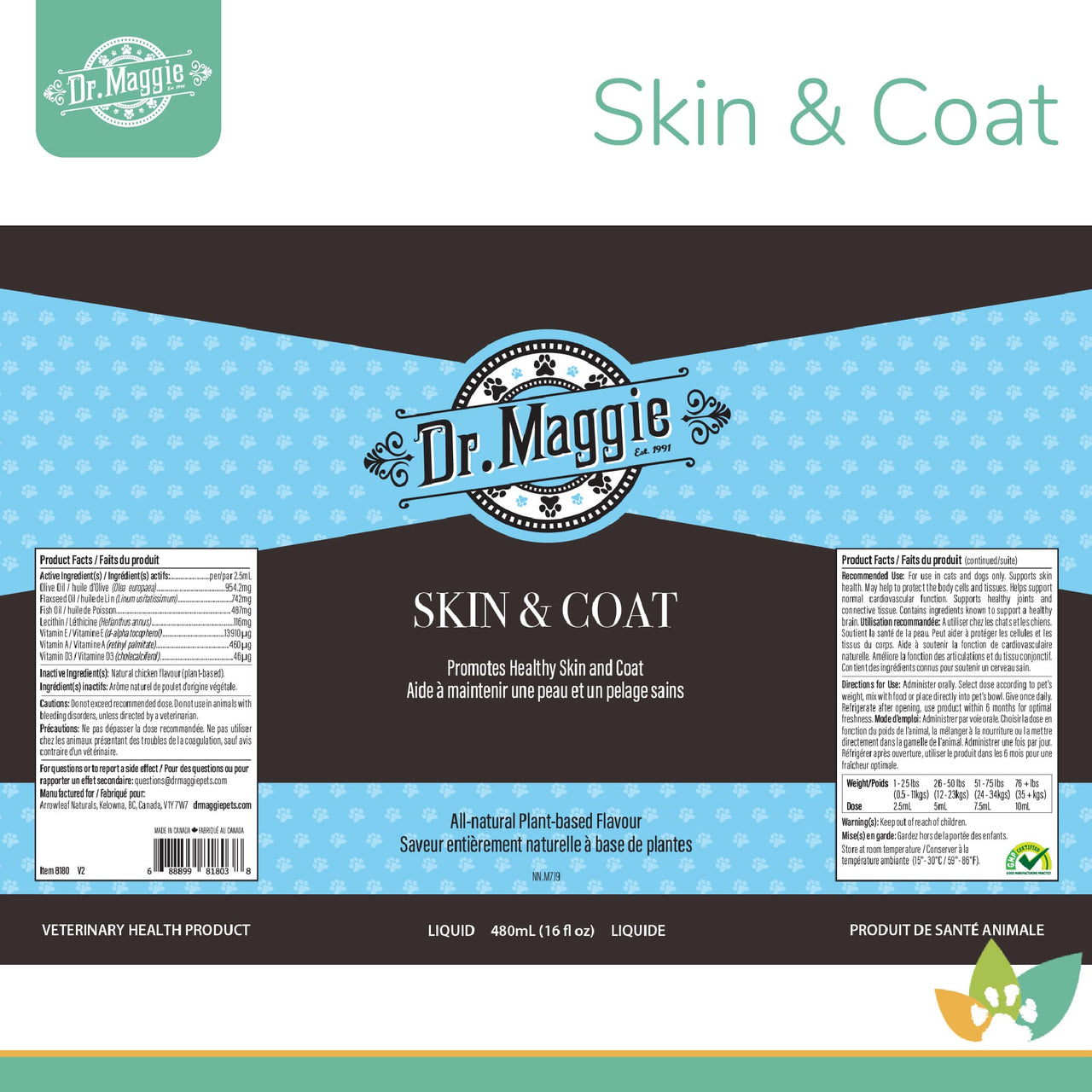 Dr. Maggie Skin & Coat product label for cats and dogs, showing ingredient list, dosage chart, and branding in blue and black.
