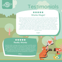Dr. Maggie Skin & Coat testimonial infographic with an illustrated cat mailing a letter, featuring two customer reviews highlighting reduced itching, softer fur, healthier skin, and noticeable improvements in coat shine for pets.