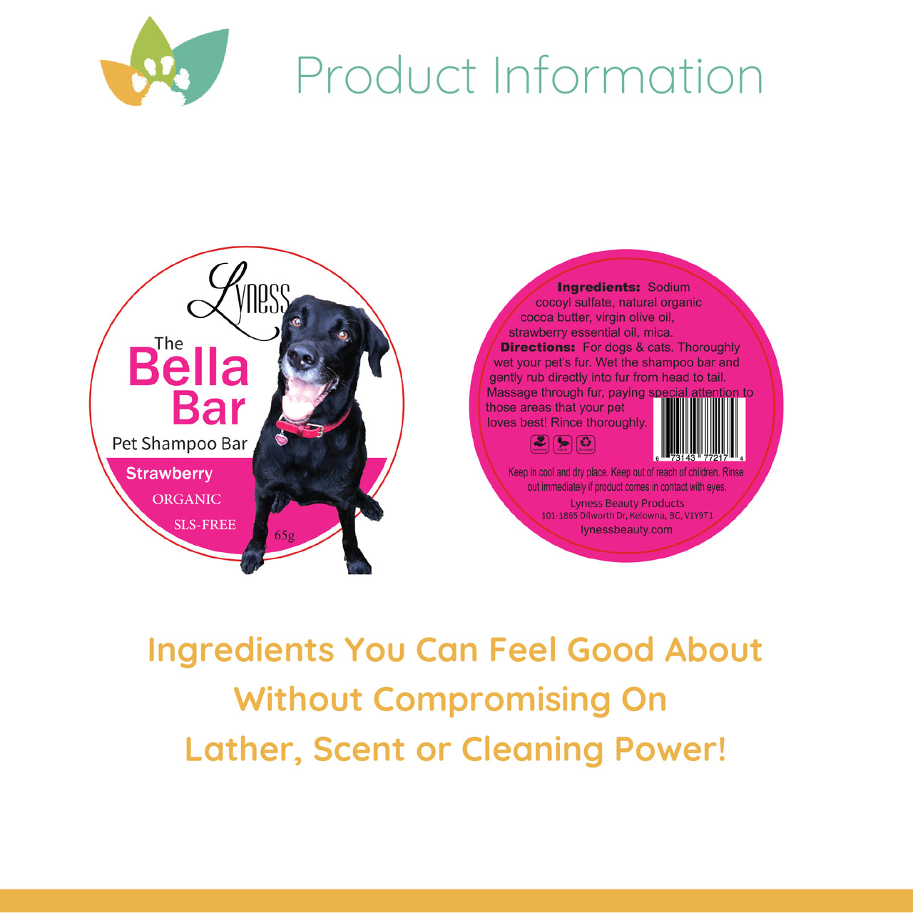 Front and back labels of the Bella Bar Strawberry Pet Shampoo Bar displayed side by side. The front label features a black dog and the product name, while the back label lists ingredients and directions. “Product Information” appears at the top, with the text “Ingredients You Can Feel Good About Without Compromising On Lather, Scent or Cleaning Power!” shown below.