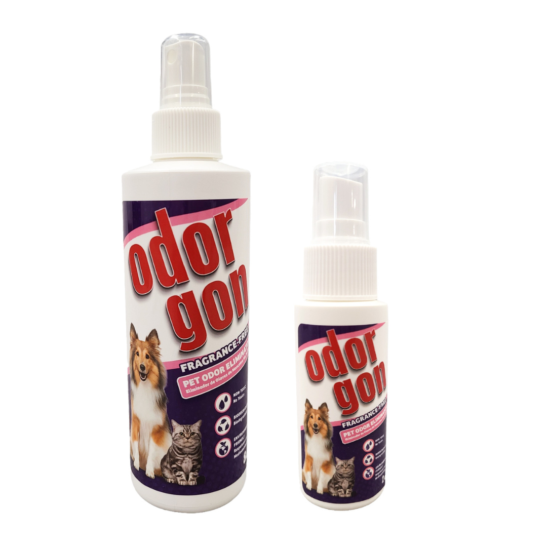 Odorgon pet odor remover for cats and dogs, 8 oz and 2 oz white spray bottles with product labels, shown side by side against a plain white background.