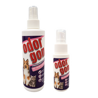 Odorgon pet odor remover for cats and dogs, 8 oz and 2 oz white spray bottles with product labels, shown side by side against a plain white background.