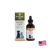 Arrowleaf Pet Urinary Care for cats and dogs, 100 mL liquid herbal supplement in an amber bottle beside retail box with American flag.