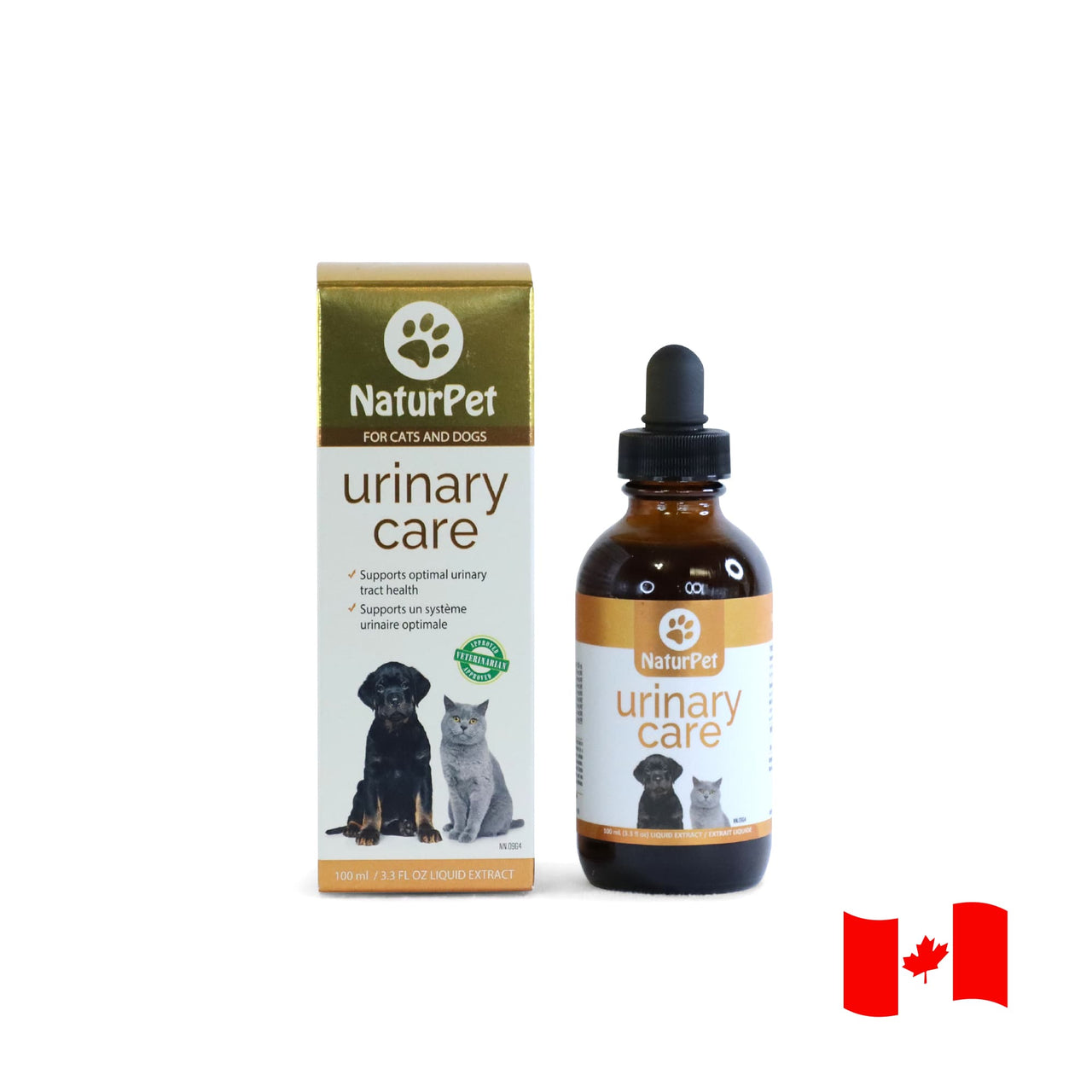 NaturPet Urinary Care for cats and dogs, 100 mL liquid herbal supplement in an amber bottle beside retail box with Canadian flag.