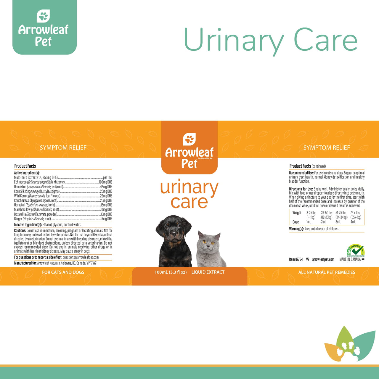 Arrowleaf Pet Urinary Care product label for cats and dogs, showing ingredient list, dosage chart, and branding in orange and white with dog and cat image.