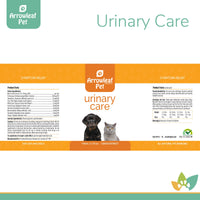 Arrowleaf Pet Urinary Care product label for cats and dogs, showing ingredient list, dosage chart, and branding in orange and white with dog and cat image.