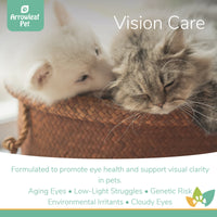 Arrowleaf Pet Vision Care promotional image featuring a white puppy and grey cat, highlighting eye health, visual clarity, and support for aging eyes, low-light struggles, and environmental irritants.