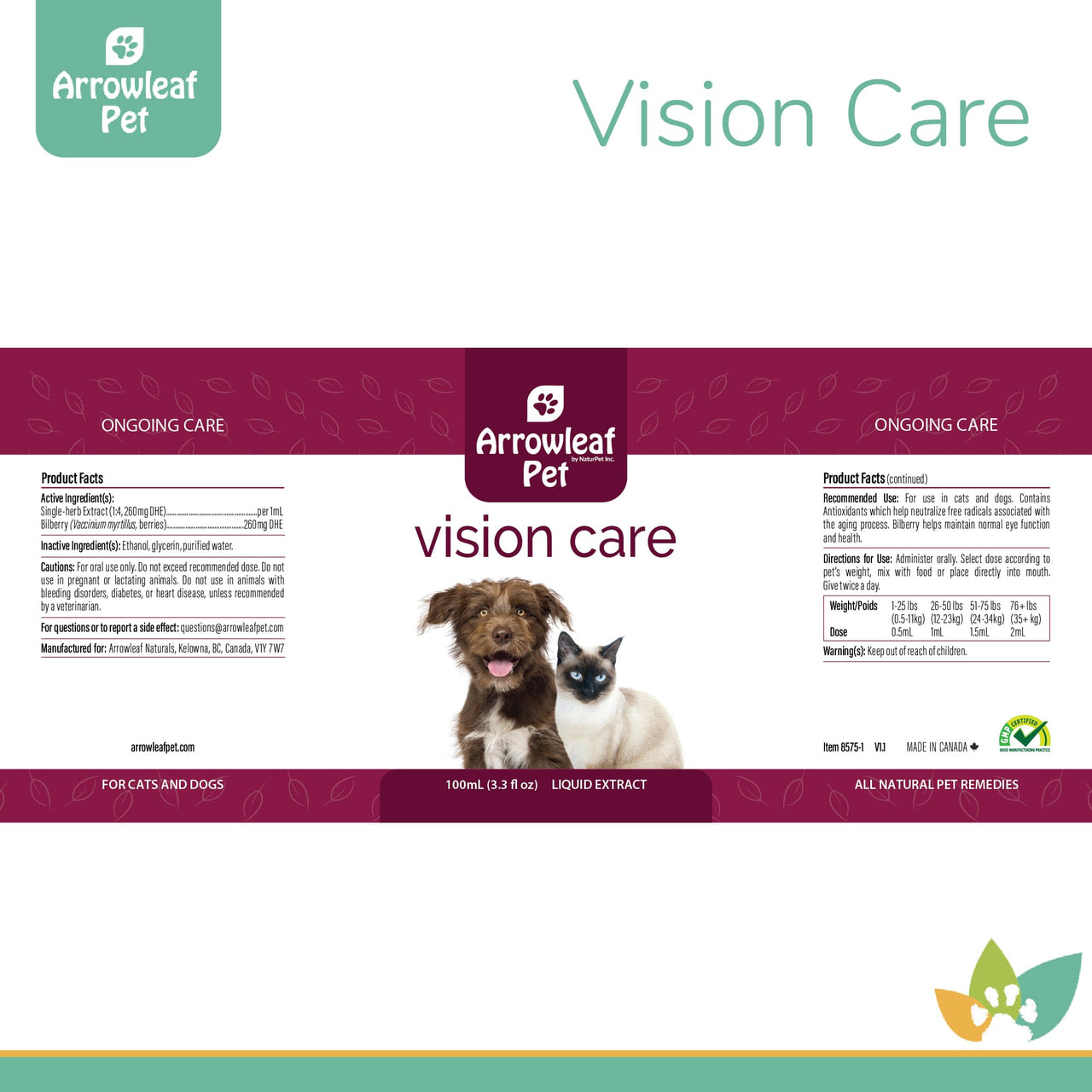 Arrowleaf Pet Vision Care product label for cats and dogs, showing ingredient list, dosage chart, and branding in maroon and white with dog and cat image.