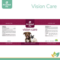 Arrowleaf Pet Vision Care product label for cats and dogs, showing ingredient list, dosage chart, and branding in maroon and white with dog and cat image.