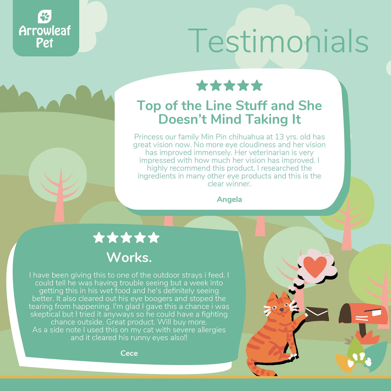 Arrowleaf Pet Vision Care testimonial infographic with illustrated cat mailing a letter, featuring two customer reviews highlighting improved vision, reduced cloudiness, and relief from eye irritation and tearing in pets.