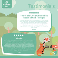 Arrowleaf Pet Vision Care testimonial infographic with illustrated cat mailing a letter, featuring two customer reviews highlighting improved vision, reduced cloudiness, and relief from eye irritation and tearing in pets.