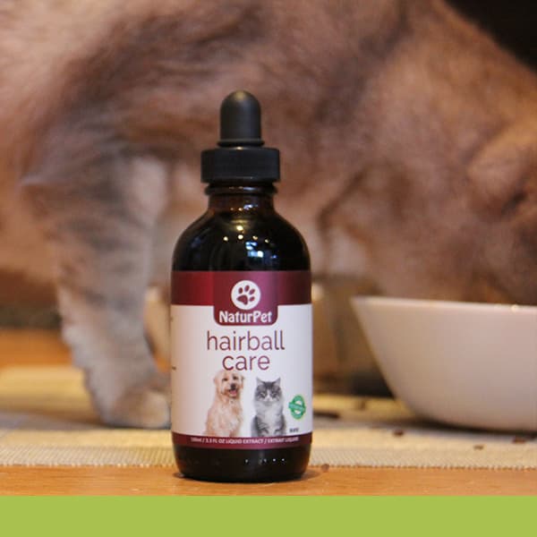 A cat eats from a bowl behind a bottle of NaturPet Hairball Care placed on a table.